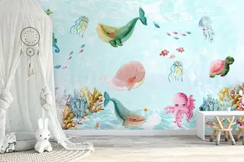 Детски Подводни Тапети На Красиви Морски Животни Рисувани Стенни